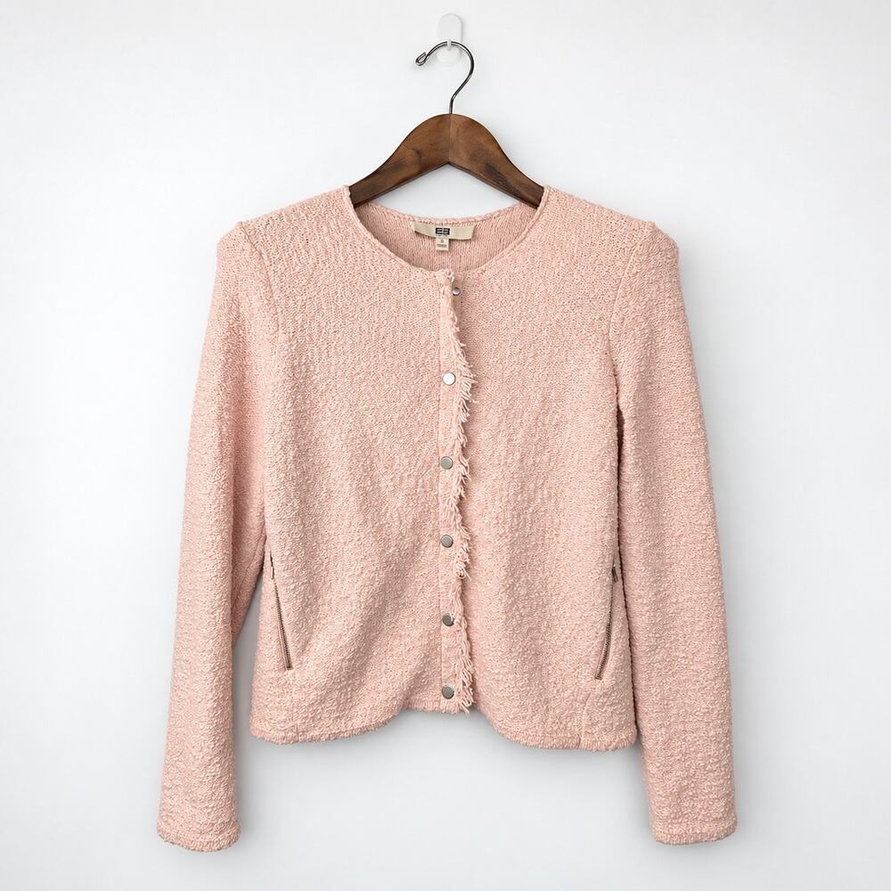 Etcetera Pink Boucle Jacket S Fringe Snap Cotton Blend Cropped Zip Pockets
